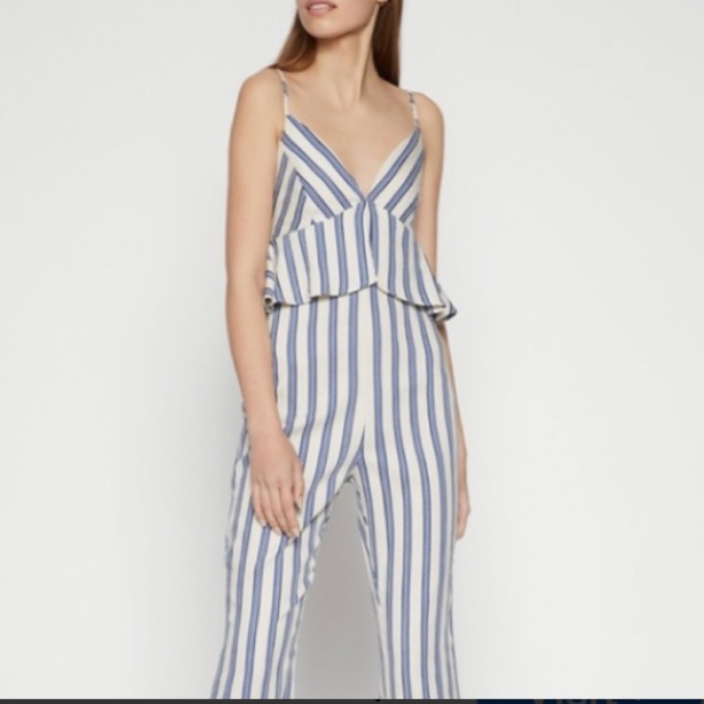 BCBGeneration Blue and White Striped Spaghetti-Strap Jumpsuit